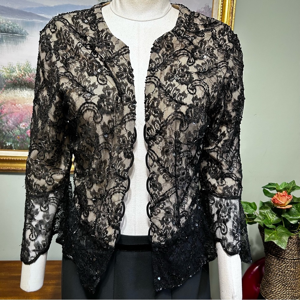 Vintage Marina Bresler Black Sequin Beaded Lace Open Front Evening Jacket